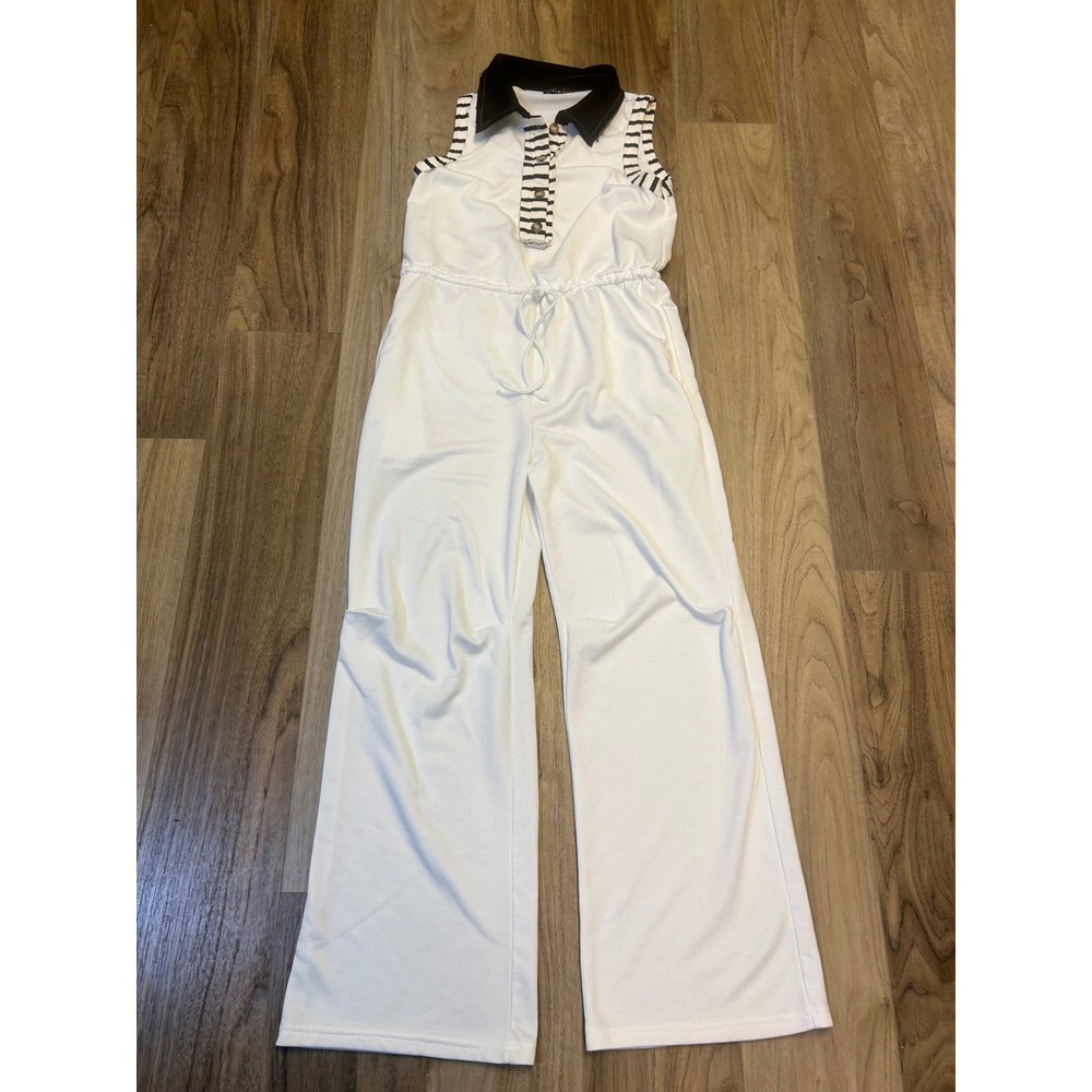Blue Blush Womens White Sleeveless Wide Leg Jumpsuit Striped Trim Size M